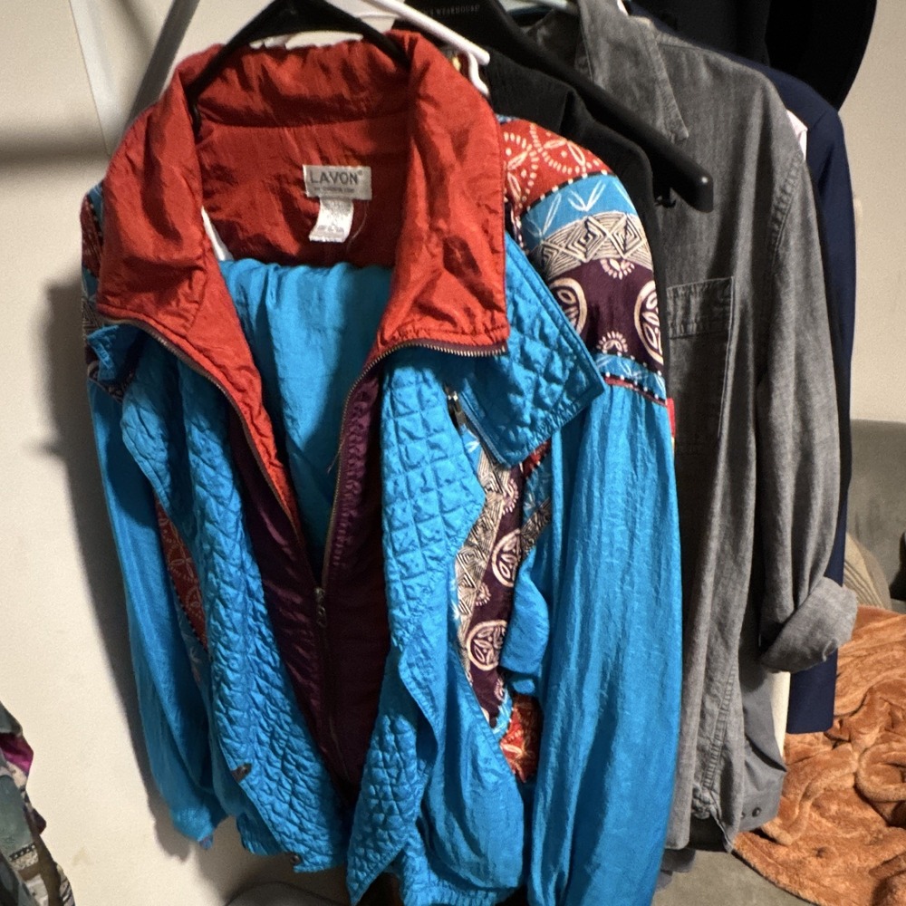 LAVON Vintage Geometric Nylon Jacket Blue Red Purple Beige Size L
